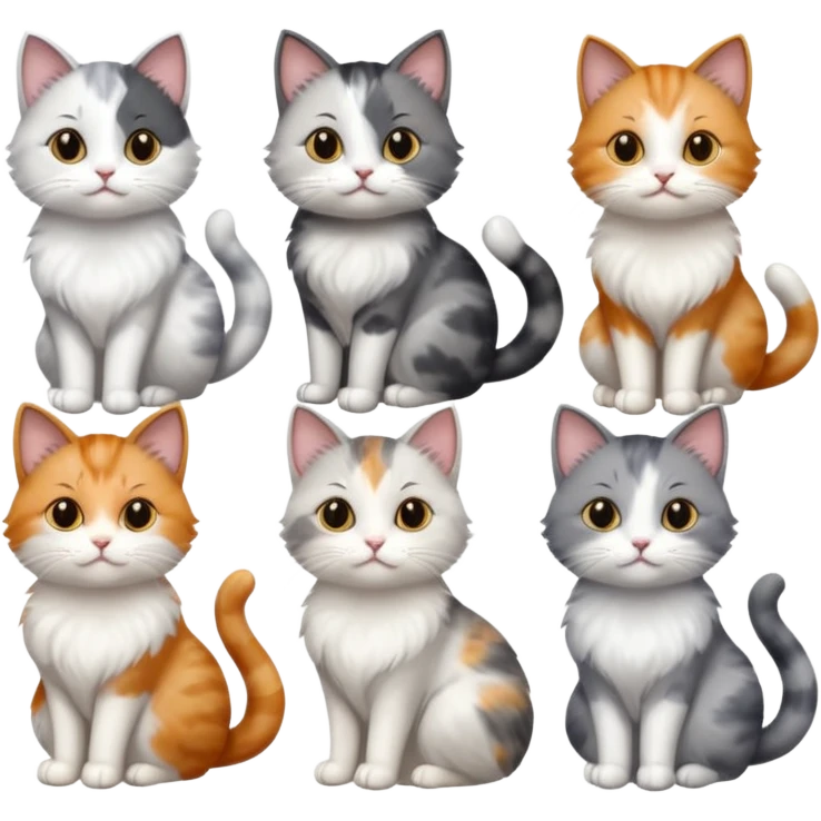 6 realistic looking cats with different natural coloured coats, assorted grey and white, greys, calico, brown and white colours etc
 emoji
