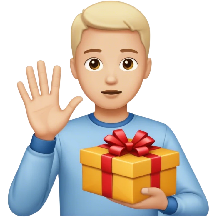 A person politely refusing a gift with a neutral expression and hands raised in rejection emoji
