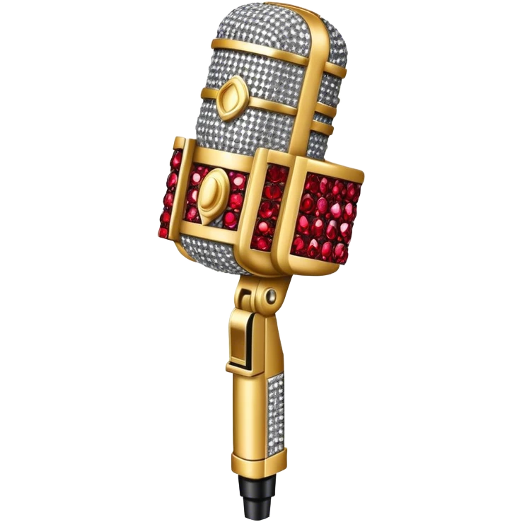 Create a glamorous and eye-catching emoji representing stage vocals, featuring a vintage stage microphone as the central element. Surround the microphone with a vibrant, sparkling stage costume covered in rhinestones, capturing the essence of a classic stage performance. The costume should be flashy, with shiny accents and a dazzling effect to evoke the energy and elegance of a live performance. Add subtle musical notes floating around to emphasize the connection to singing. Use bright, bold colors like gold, silver, and deep reds, along with glittering details to create a luxurious and dynamic atmosphere. The background should be transparent. emoji