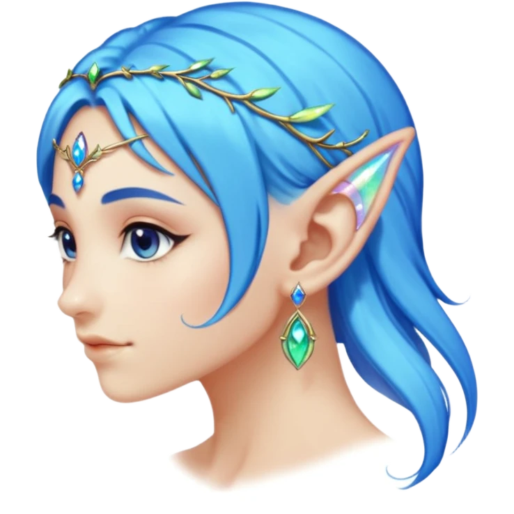 portrait of blue haired Elvish fae shiny sparkly iridescent translucent diaphanous ear climber ear cuff emoji
