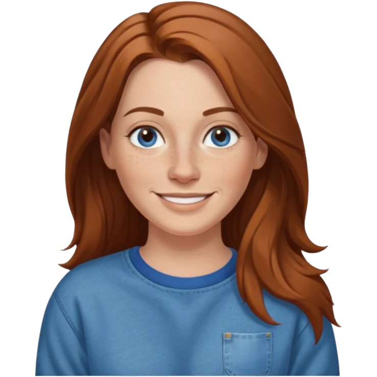 A 38 year old white woman with long brown hair parted in the middle. She has a nose ring. She has freckles and is wearing a sweatshirt and jeans smiling emoji