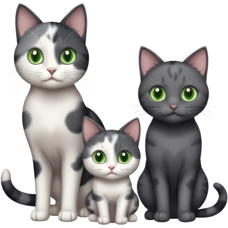 3 different coloured small cats including a dark grey and white, and a patchy calico and a completely solid dark grey with green eyes and only white paws emoji