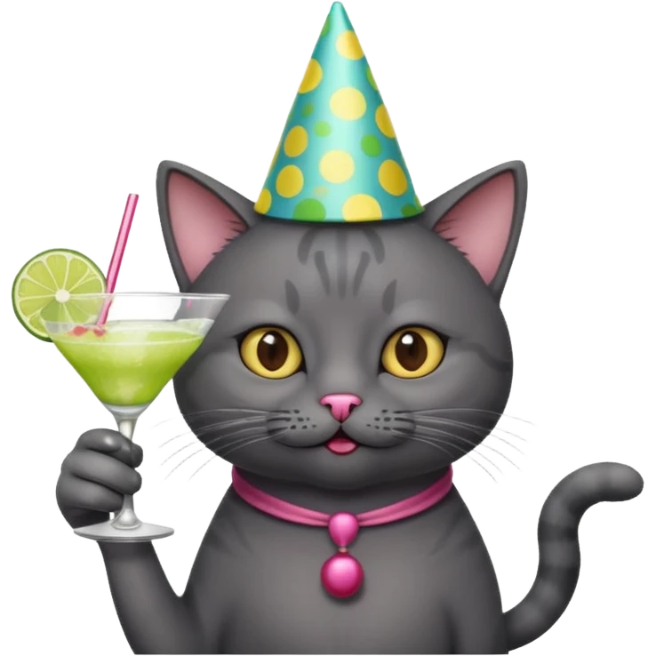An old, dark grey cat is wearing a party hat, and drinking a margarita. emoji