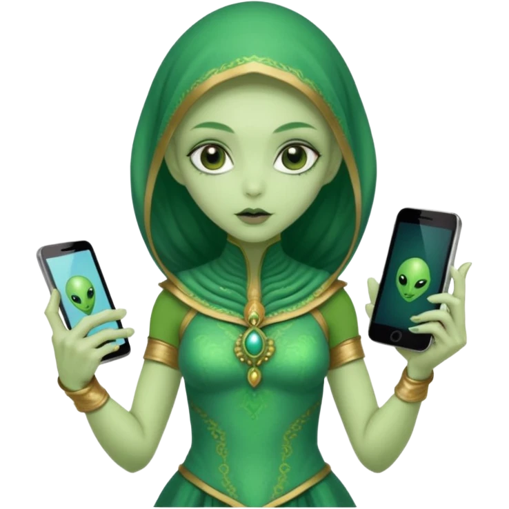alien with persion crawl custome dress and smartphone emoji