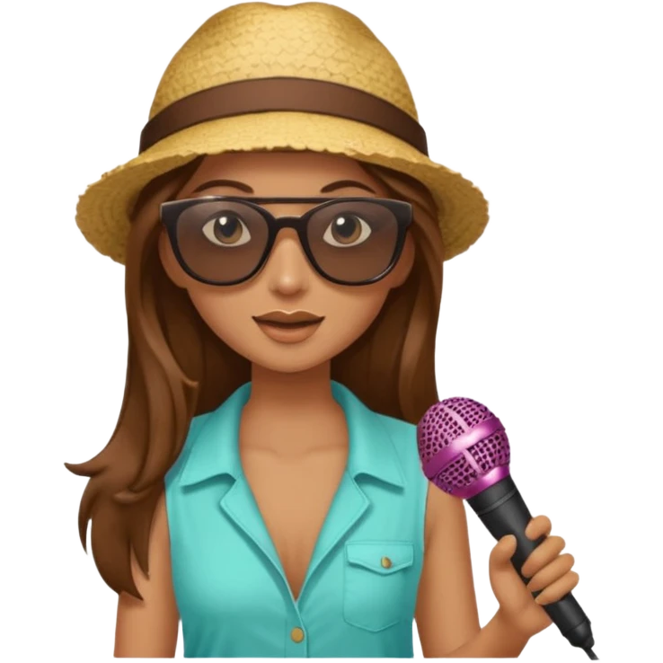 long haired woman with summer clothes and sun glasses holding microphone emoji