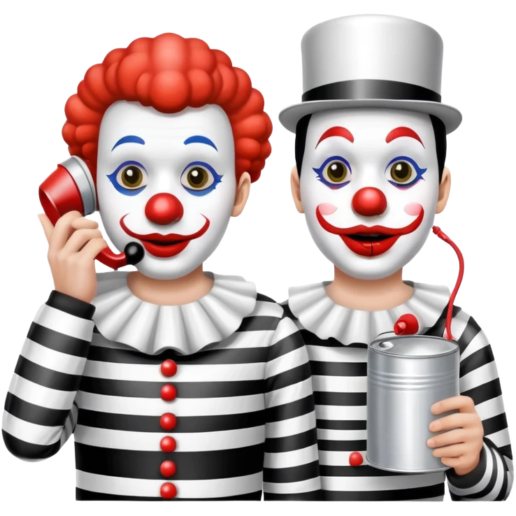 two mime clowns using tin can telephone emoji