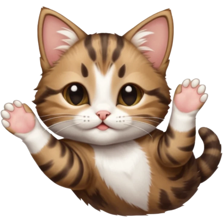 dark brown tabby and white kitten in funny positions stretched our upside down with eyes closed emoji