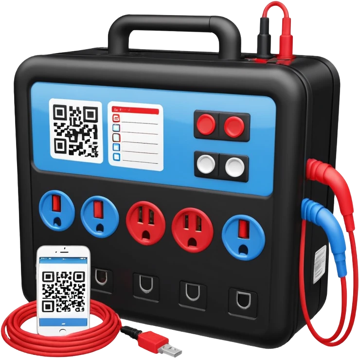 An open, black outdoor test case.Interior: control panel with colored test jacks, USB ports, and a power outlet. A red test probe is located next to it. On the left side of the case is a large roll of white, round test labels displaying QR codes. A blue cable leads out of the side of the case. emoji