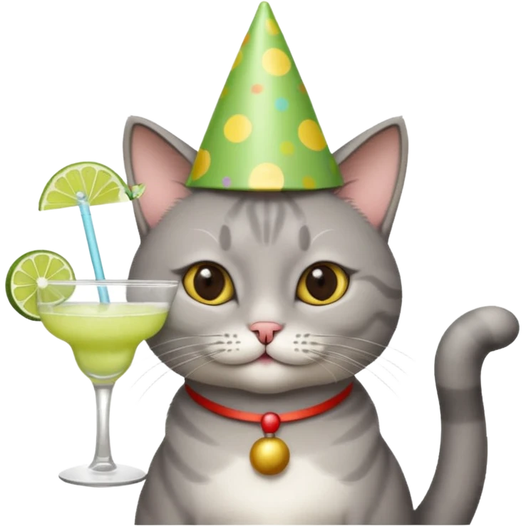 A grey cat is wearing a party hat, and drinking a margarita. emoji
