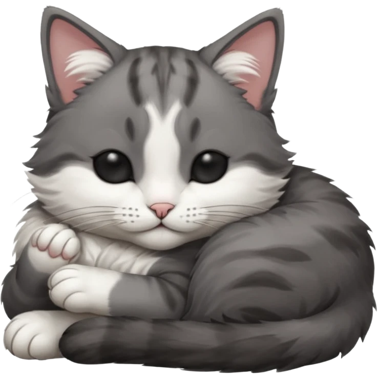 dark grey and white small cat with his eyes closed leaning his head on his paw while lying down emoji