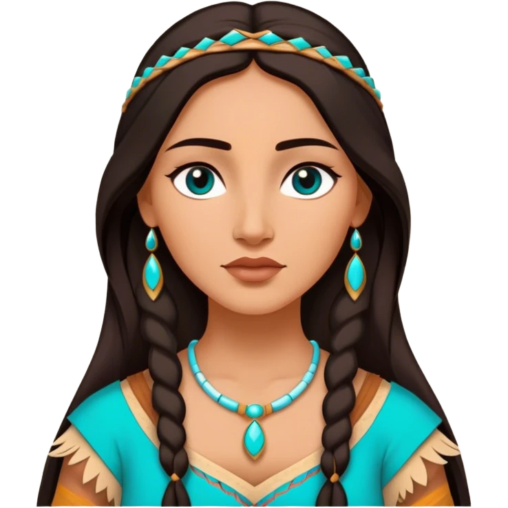 Cinematic Elegant Pocahontas Portrait Emoji, rendered in a realistic, vector-style with minimal shading and bold, simplified shapes. Depict Pocahontas (chest and above) with warm, sun-kissed skin, long, flowing dark hair, and gentle, wise eyes, wearing traditional attire in earthy tones with hints of turquoise. The image glows with a soft, natural radiance and high shine, embodying timeless indigenous beauty. emoji