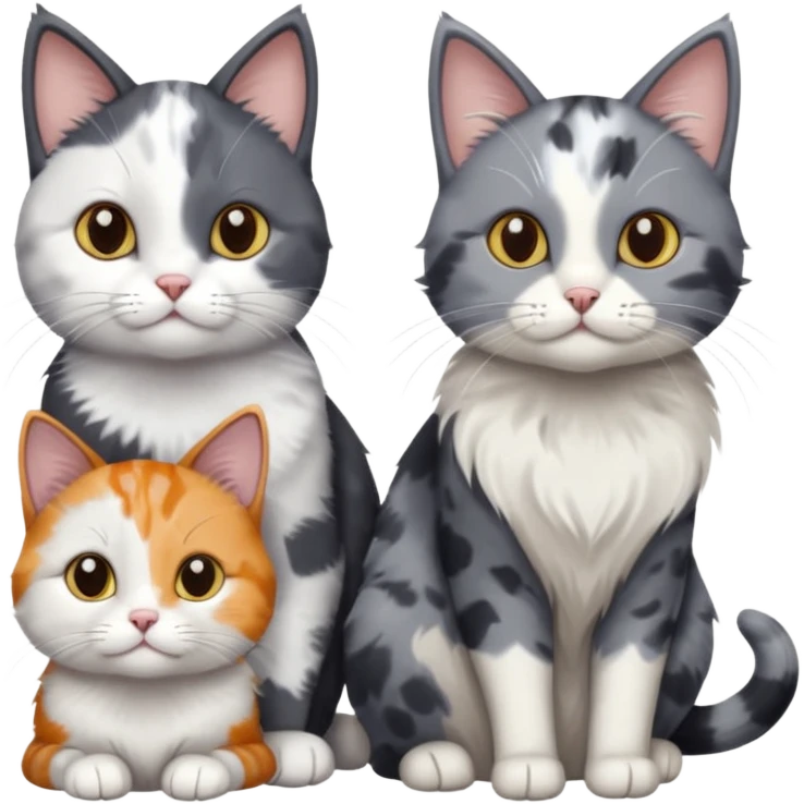 3 different coloured small cats including a dark grey and white, and a patchy calico and a solid grey with only white paws emoji