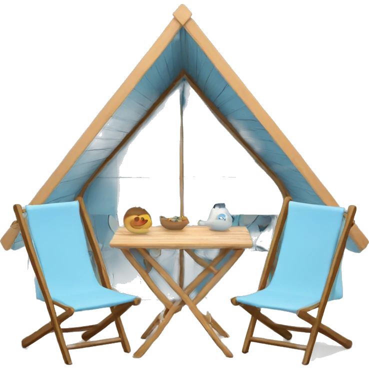 Light blue a-frame cabin with two chairs emoji
