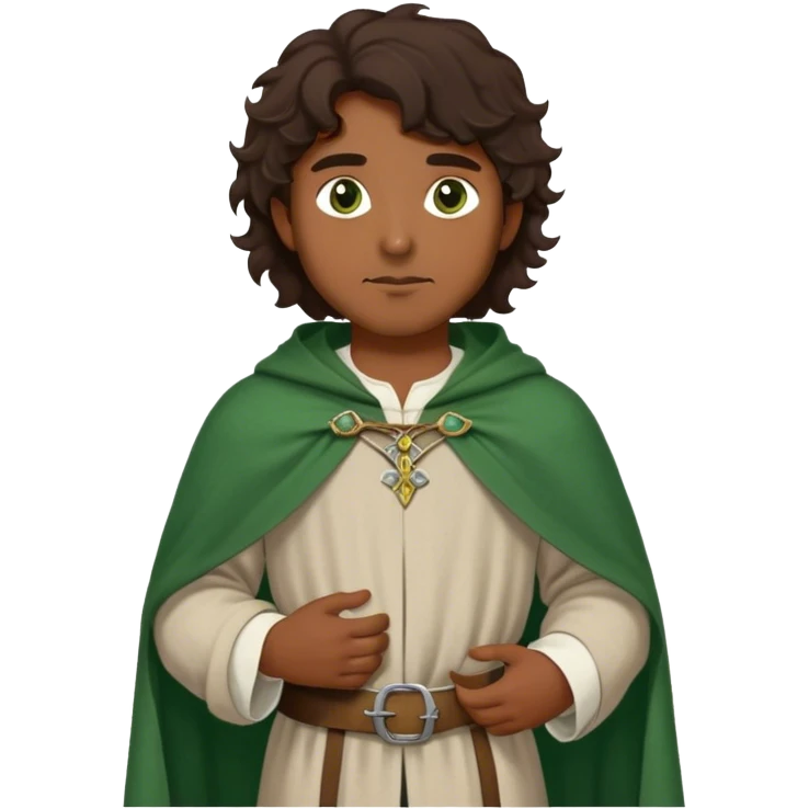 medieval outfit worn by a DnD themed fantasy character. basic linen shirt with a thick wool cloak. clothes only above the waist. The clothes full waist. The character's haven't arms. character is dark brown hair green eyes long wavy hair brown-skinned man. emoji