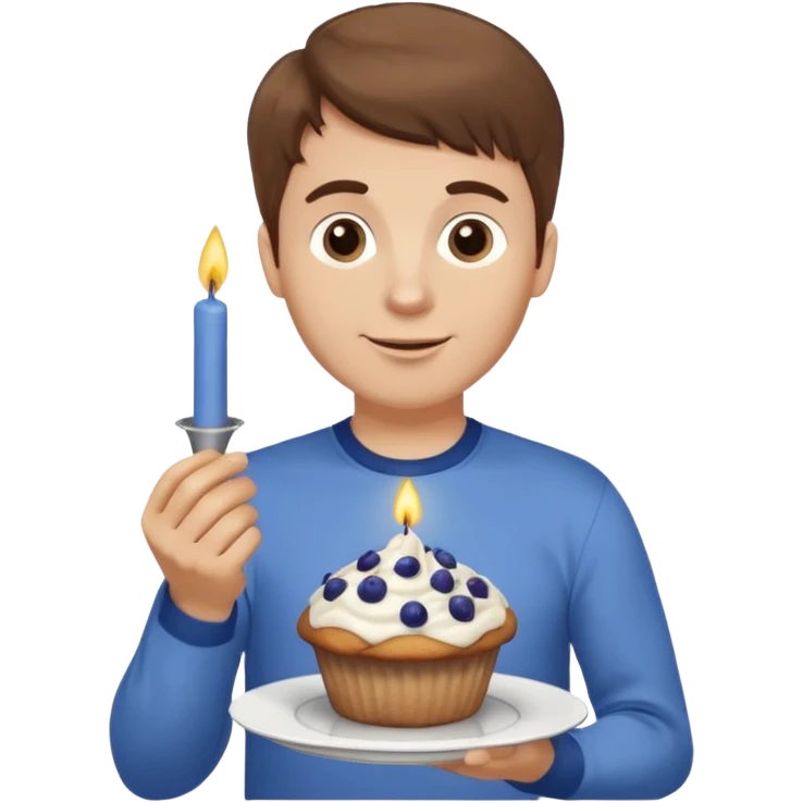 Make a white man with brown hair wearing a shirt that says happy b day Virginia holding a blueberry muffin with a birthday candle in it. Have him holding multiple muffins and no candles in hand emoji