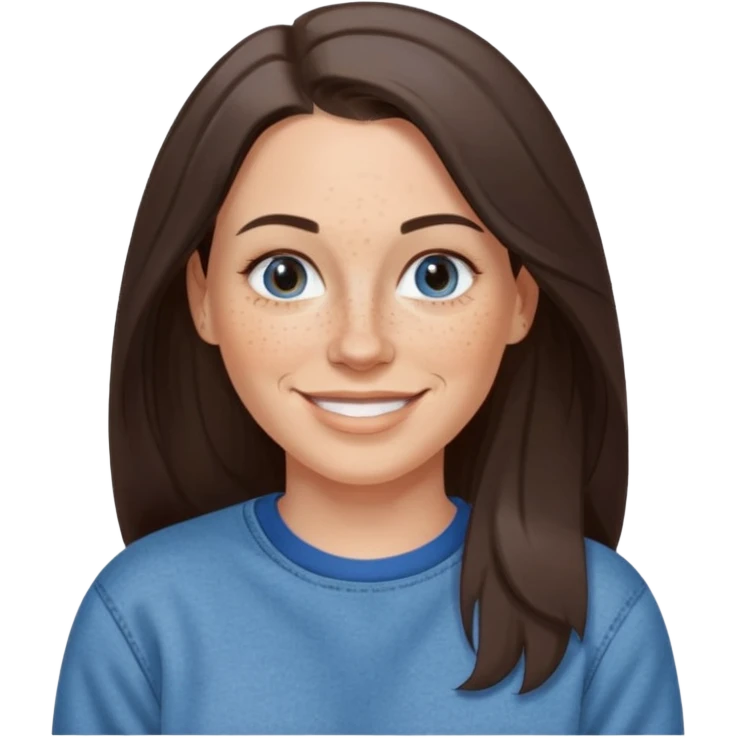 A 38 year old white woman with long dark brown hair parted in the middle. She has a nose ring. She has freckles and is wearing a sweatshirt and jeans smiling emoji