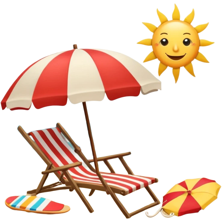 Icon for Beach Tourism: a sunny beach with the sea and waves, a lounge chair, a sun umbrella, and flip-flops on the sandy shore. The background should be a clear, vibrant ocean view with the sun shining brightly. Transparent background. emoji