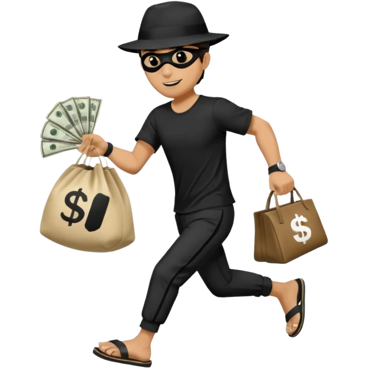Make a man wear a black pant and he shirt is balck line and white line and wear a black hat and he holding a money bag and he running he wear a black eye thing no money in the Left hand and he yellow and the money bag in the right he wear a flip flop like this is Money bag 💰 NO MONEY emoji