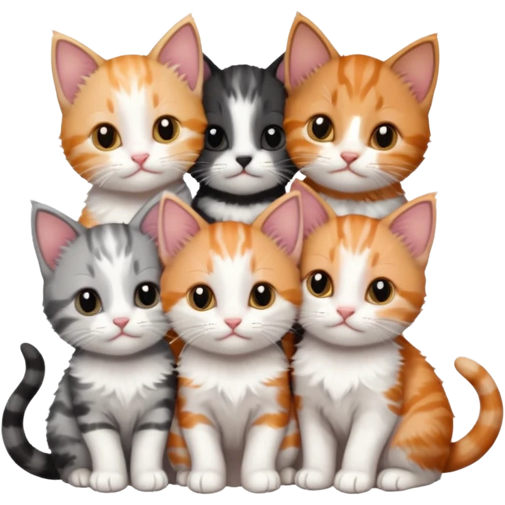 6 tiny kittens cuddling together all different colours, the first one is grey and white, the second is ginger and white and the third is brown tabby and white emoji