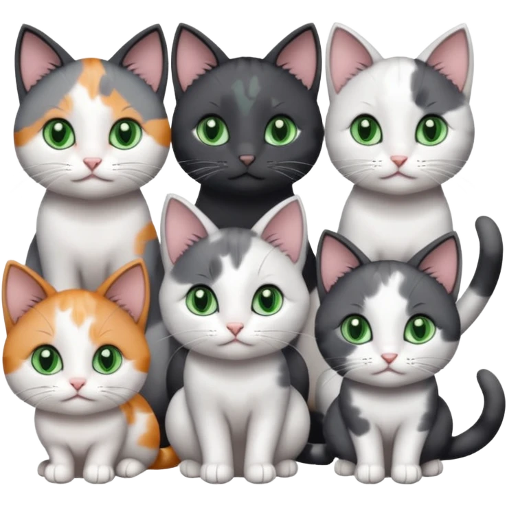 3 different coloured small cats including a dark grey and white, and a patchy calico and a completely solid dark grey with green eyes and only white paws emoji