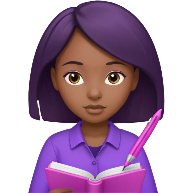 Une fille noir au cheveux lisse qui est entrain d’écrire avec un stylo rose sur un cahier violet emoji
