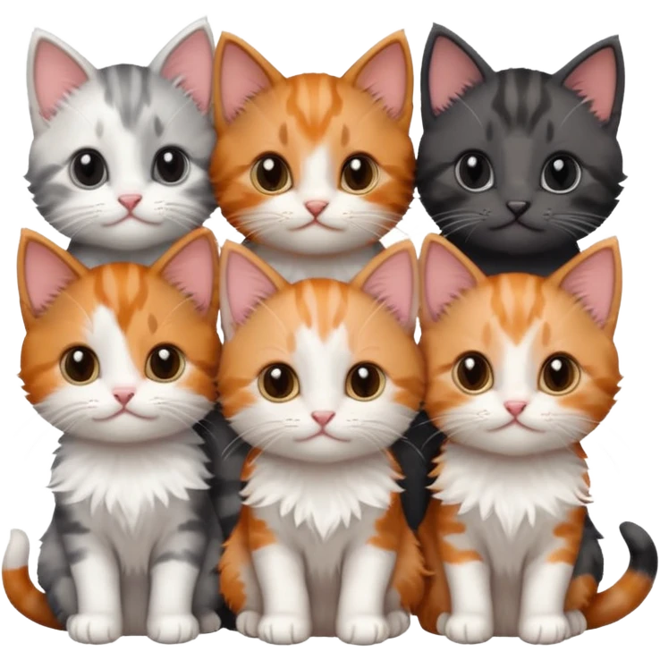 6 tiny kittens cuddling together all different colours, the first one is grey and white, the second is ginger and white and the third is brown tabby and white emoji
