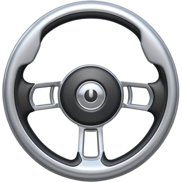A futuristic steering wheel emoji made of silver chrome, minimal geometric design, smooth metallic surface, soft reflections, iOS emoji style, centered, clean white background emoji