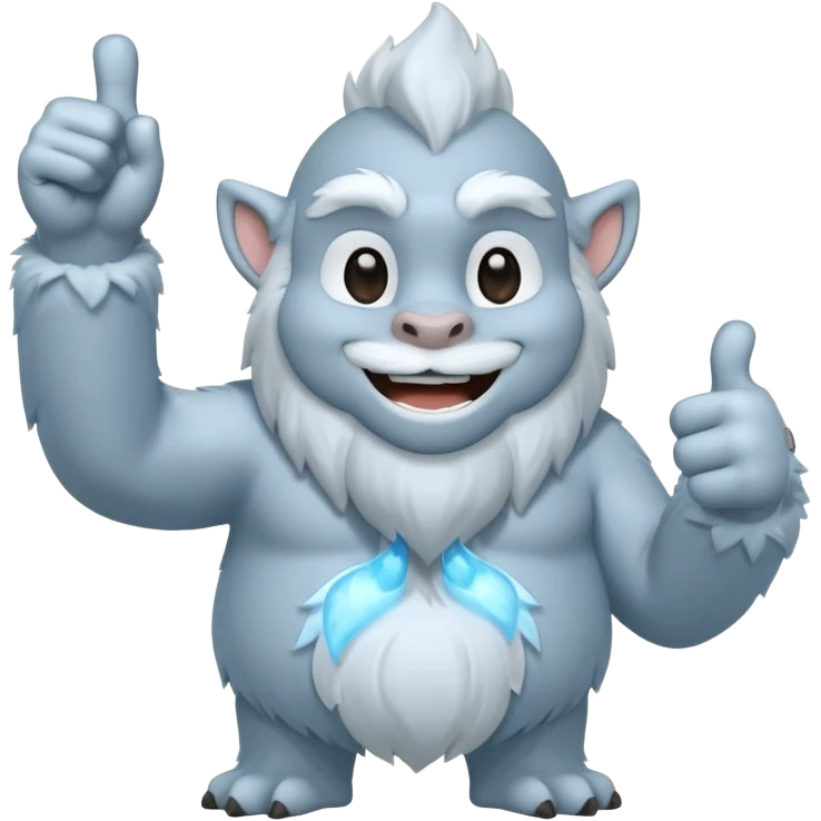 yeti, full body, ice grey blue, full body fur, thumbs up, smiling, winking emoji