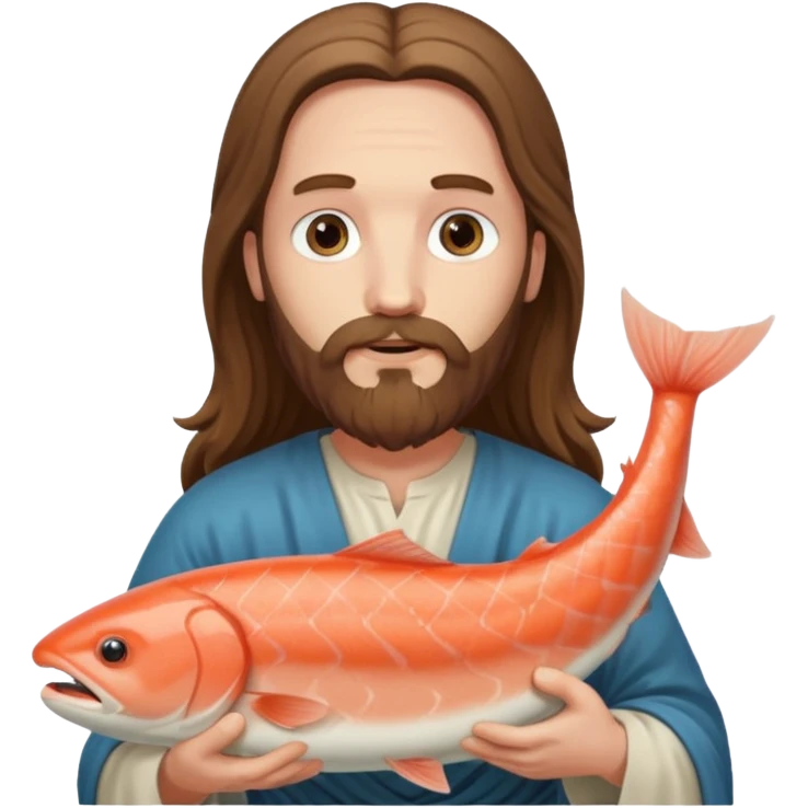 a white Jesus with a long beard holding a salmon emoji