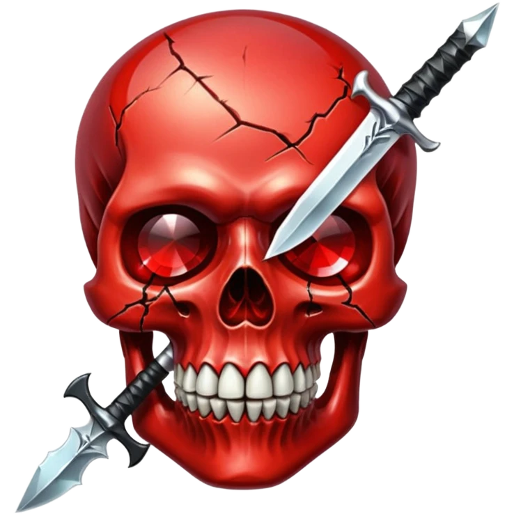 make me a red crystal skull partly see thew super gem like make it realistic and held together by a black bow and a small dagger to the eye with cracks coming from it have the bow be loosely tied around the skull holding it together make the blade super realistic  emoji