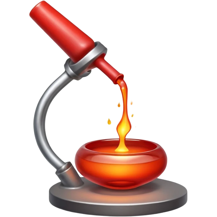 Glassblowing and casting icon, molten glass being shaped into a delicate object with a blowpipe, glowing red-hot glass being poured into a mold, unfinished glass sculpture, minimalistic style, clean lines, transparent background. emoji