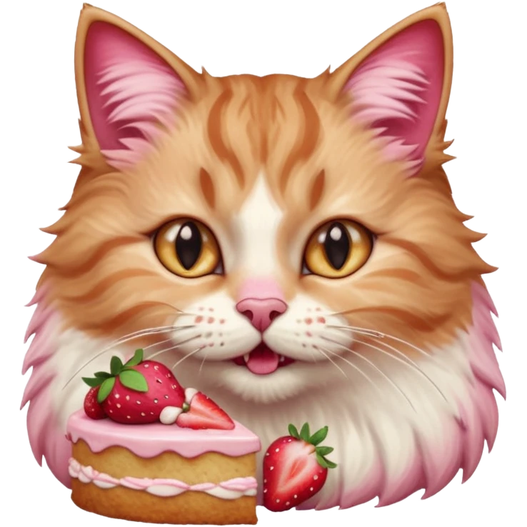 Close-up portrait of a fluffy cat eating a strawberry cake, pink cream on its nose and whiskers, detailed fur texture, soft natural light, shallow depth of field, high resolution, cute and candid moment
 emoji