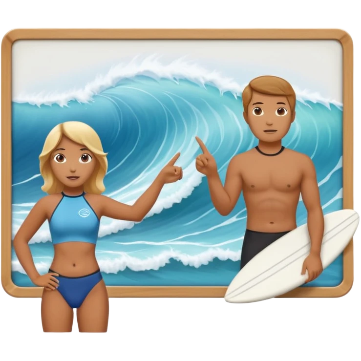 icon of a surf instructor teaching, pointing to a whiteboard with a wave in the center. Below the board are two avatars with their backs turned, looking at the board. emoji