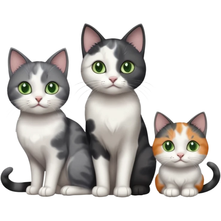 3 different coloured small cats including a dark grey and white, and a patchy calico and a completely solid dark grey with green eyes and only white paws emoji