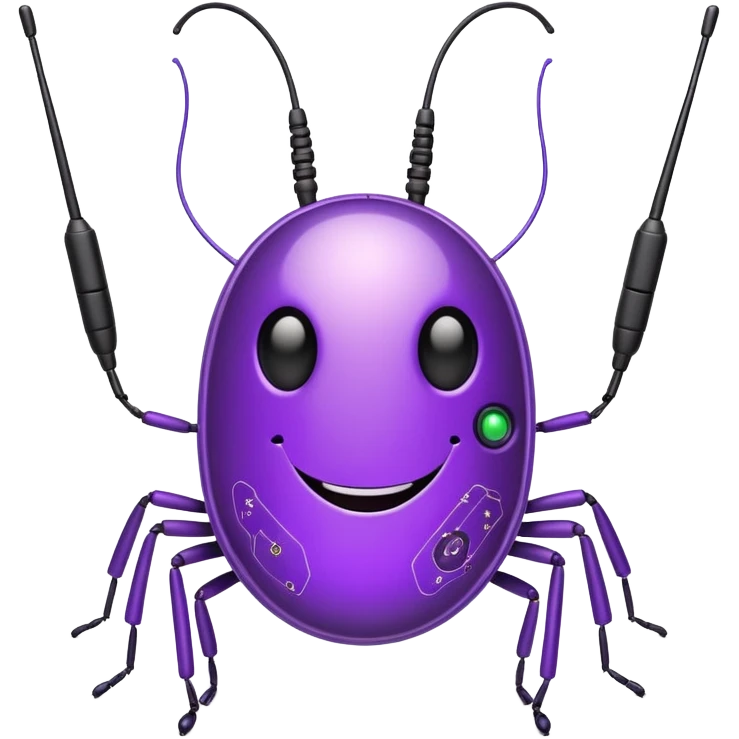 fun purple optiwatt bug with antenna, smiling face, and a tech circuit pattern on its body emoji