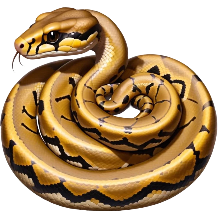 A photo-realistic top-down view of a Ball Python gently coiled into a tight spiral, with its head resting peacefully at the center. Its scales are warm brown with bold, irregular black markings, including the distinctive “alien-head” pattern, flowing smoothly along its body.  emoji
