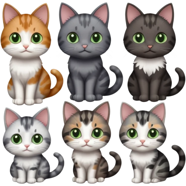 6 different coloured small cats including a dark grey and white, and a patchy calico, and a brown tabby and white,  and a completely solid dark grey with green eyes and only white paws emoji