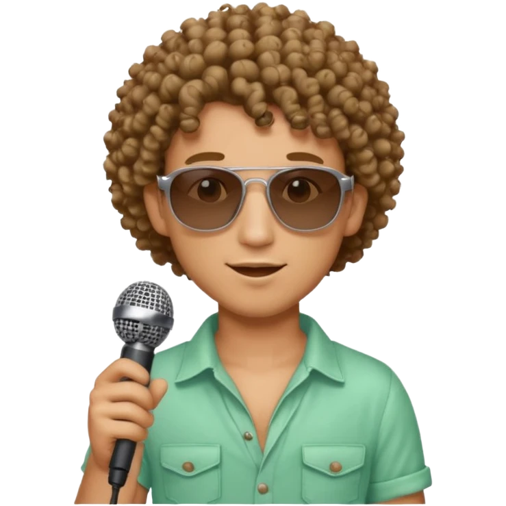 curly haired man with summer clothes and sun glasses holding microphone emoji