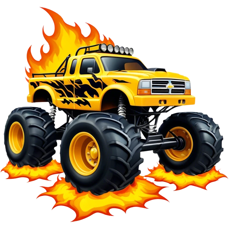 Maximum Destruction - Monster Jam (Model Year: 2021) (Iconic colour: Yellow with black flames) - A ferocious monster truck featuring a vivid yellow base accented by dramatic black flame patterns. Emphasize sharp, high-contrast flame streaks across the body, creating a look of aggressive, explosive energy. emoji