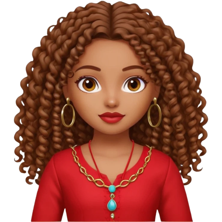 generate a pretty bratz girl with a red kurti, long curly hair, hoops emoji