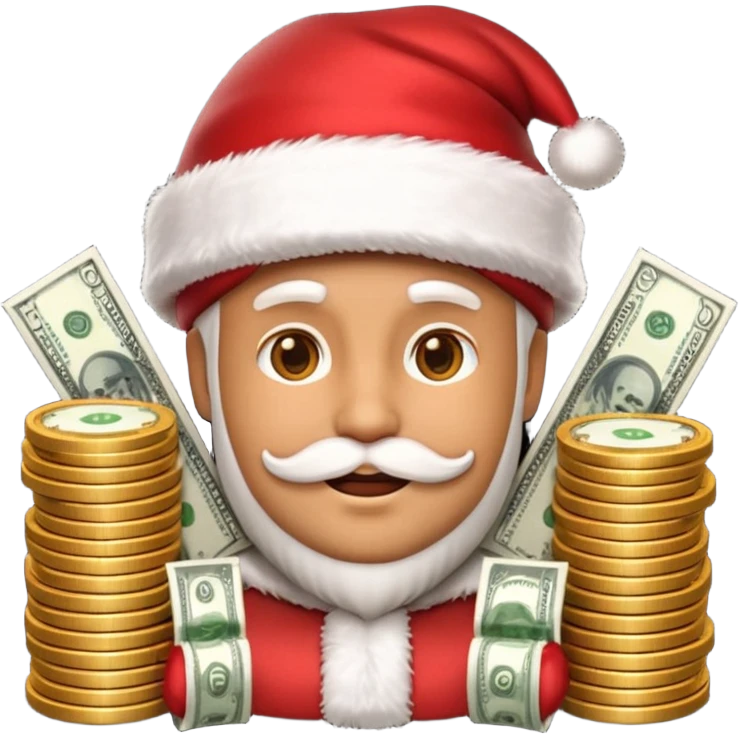 A confident rich emoji face wearing a Santa hat, money stacks, casino vibe, New Year theme, premium 3D emoji style, sharp details, no text, isolated on transparent background emoji