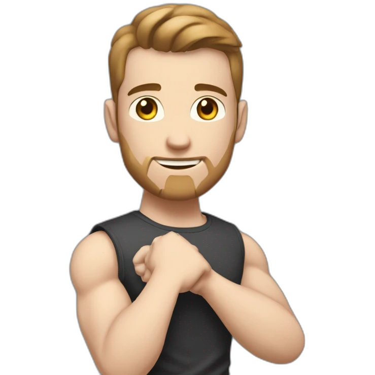 Close up Actively gesturing  with hands Pale skinned Fit Man With the biceps and brown hair in dark gray Sleeveless Mike, black oversize sports shorts, watch and white Sneakers emoji