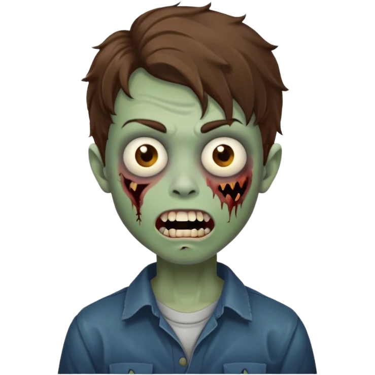 a boy with wavy hair, a zombie-shaped mouth piercing hum emoji