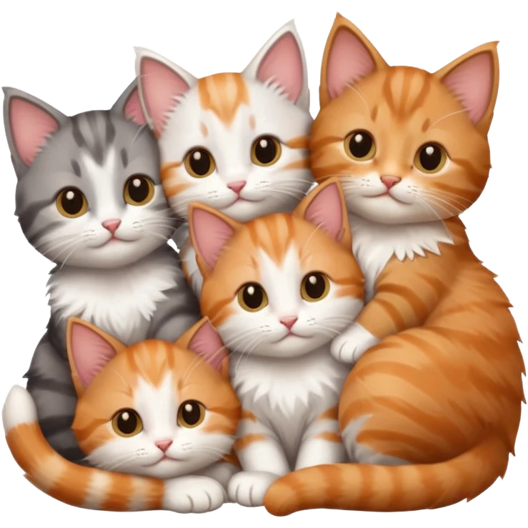 6 tiny kittens cuddling together all different colours, the first one is grey and white, the second is ginger and white and the third is brown tabby and white emoji