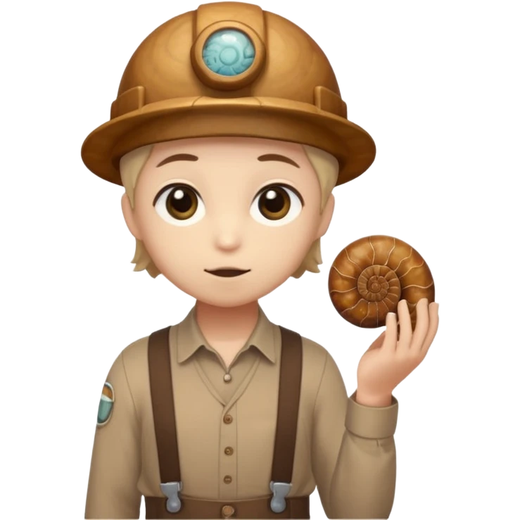 Shelly has a small, chibi-style body with a large ammonite-shaped head that looks like a beige fossil shell. One side of her head has a dark opening, making it clear she isn’t human. Her face is simple and soft, with big round eyes. She wears a brown suspender outfit over a lighter shirt emoji
