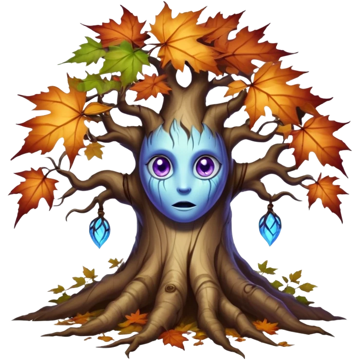 An ancient, psychic tree evolves by absorbing the essence of fallen autumn spirits, sprouting a radiant leaf, channels both forest wisdom and fiery seasonal magic through its gnarled. Purple eyes, blue eyes sharp teeth, bark wood skin, heterochromatic eyes, maple leafs emoji
