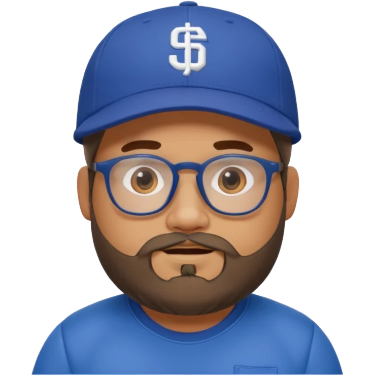Create a figure that reflects an experienced social media manager but who has youthful and sporty clothing, a little chubby, a New Era cap, glasses, a beard and a slightly funny and friendly face. emoji