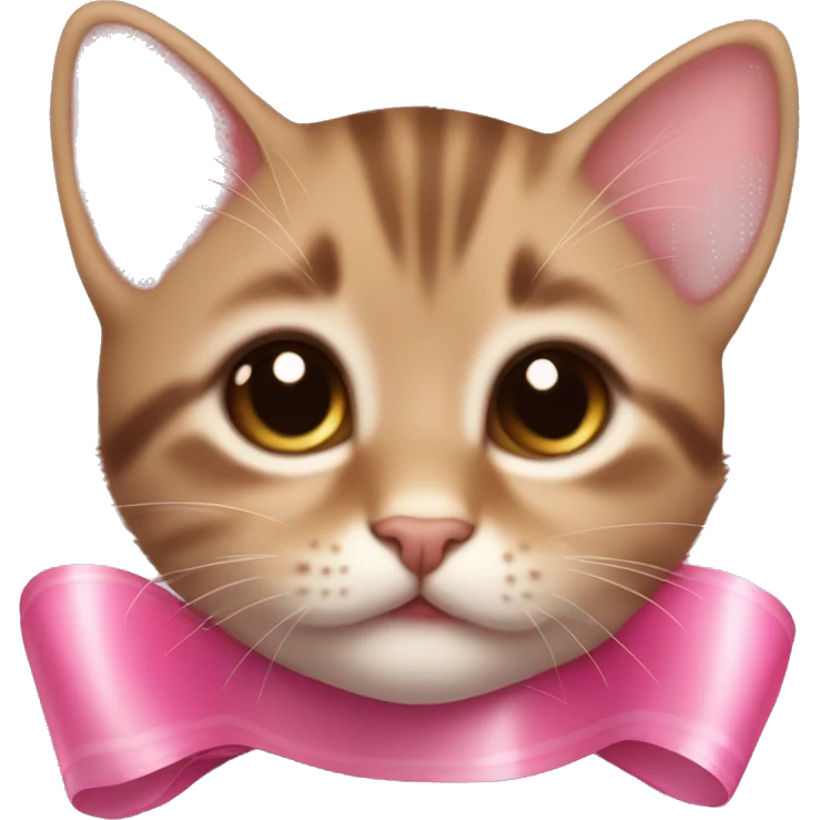 Small Little brown kitten with a pink ribbon around its neck, with big brown eyes and pink toungue emoji