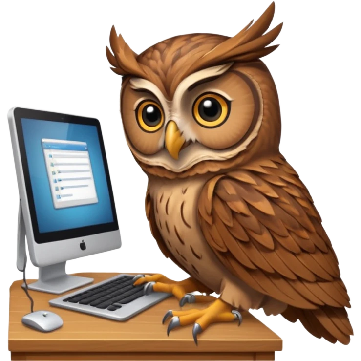 an owl working on computer in an appartement with  timber emoji