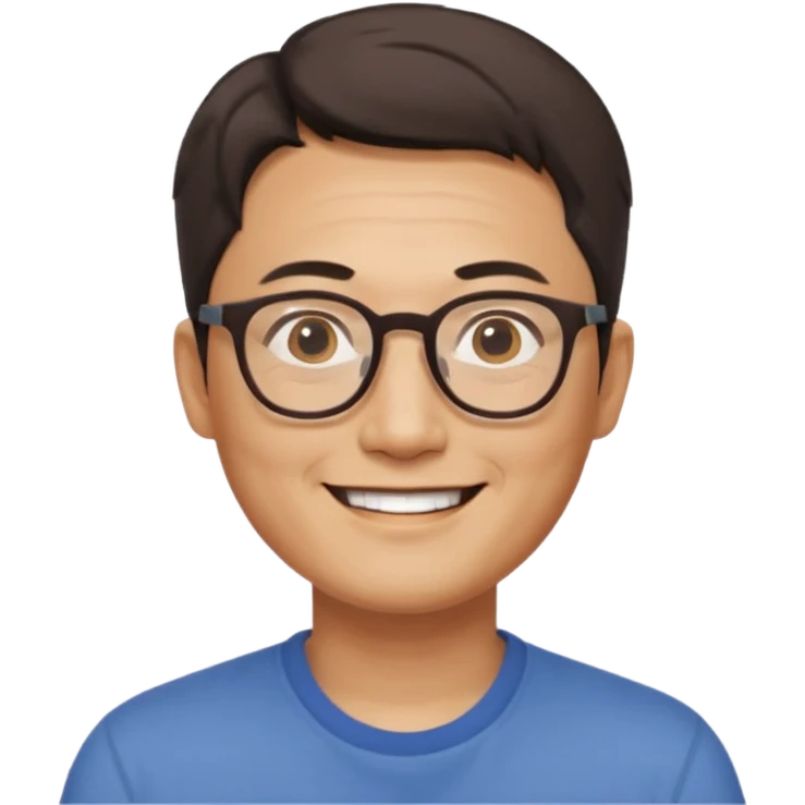 안경을 낀 40대 표준 체격의 한국인 남성, 머리가 아주 짧음, 활짝 웃고 있음 emoji